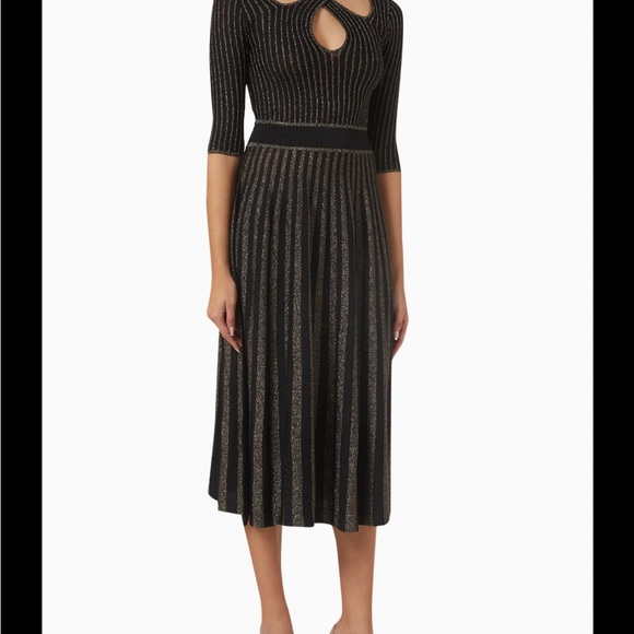 PINKO Bitter Two-tone Midi Dress in Stretch Jersey Black Gold Sparkle Metallic M - Picture 3 of 11